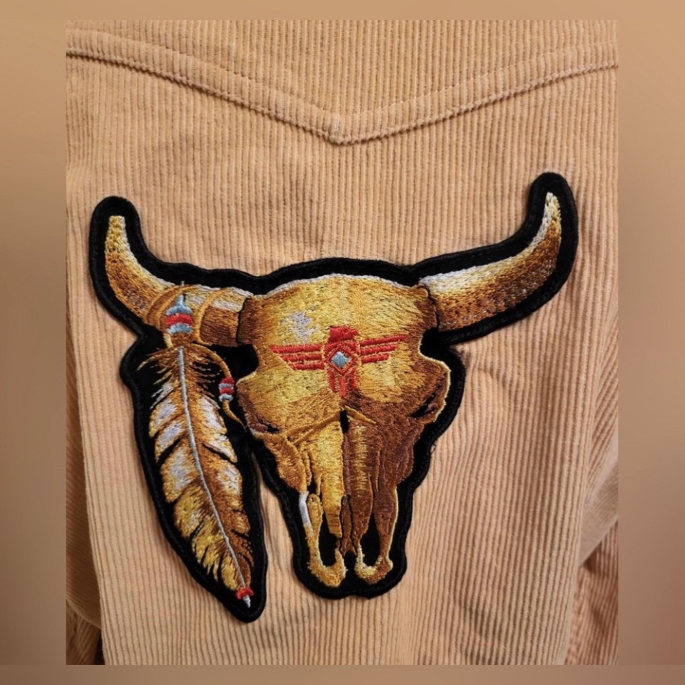 Tan Corduroy Zip-Up Jacket With Bull & Feather Patch